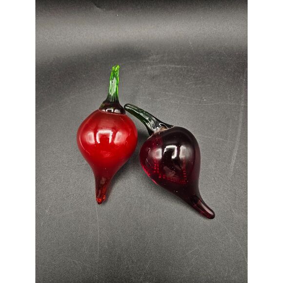 Hand Blown Art Glass Red Chili Peppers with Green Stem - Picture 2 of 4